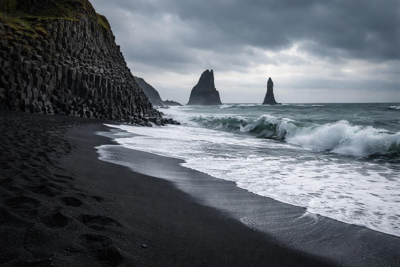 explorez la plage de sable noir en islande, un paysage naturel spectaculaire et unique à découvrir absolument lors de votre voyage.
